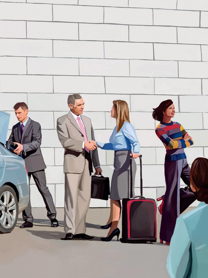 Digital illustration of people waiting in a line.