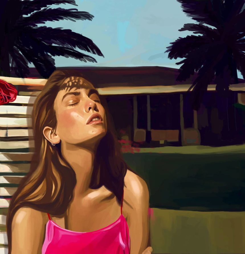 Digital illustration of a woman sunbathing.