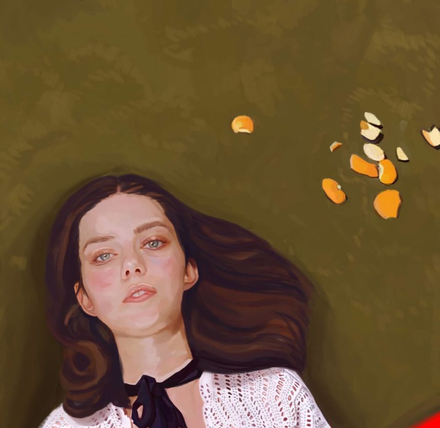 Digital illustration of a woman lying on the grass with orange peels beside.