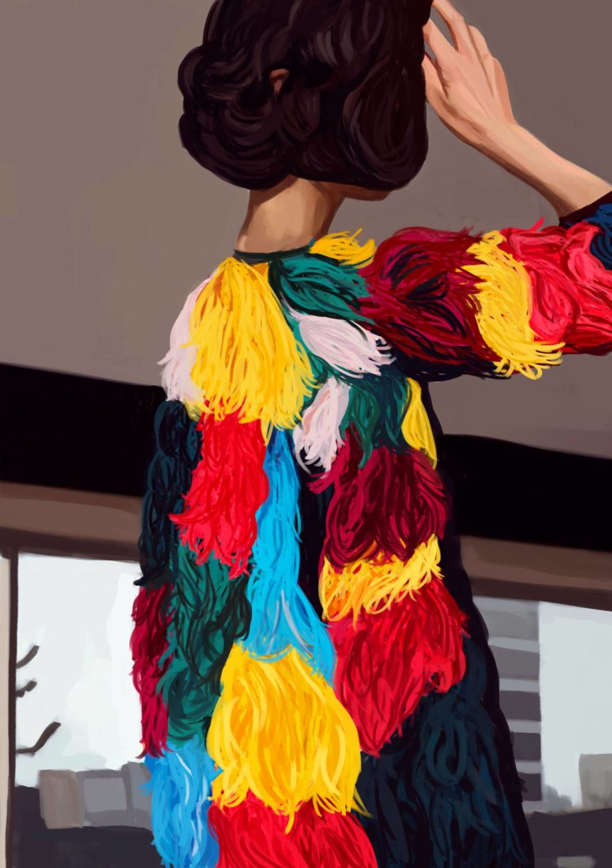 Digital illustration of a woman in profile wearing a colorful top.