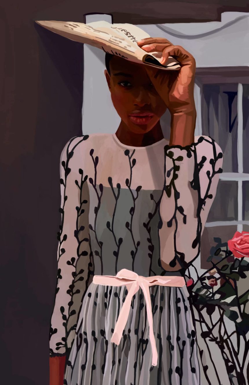 Digital illustration of a black women protecting her face.