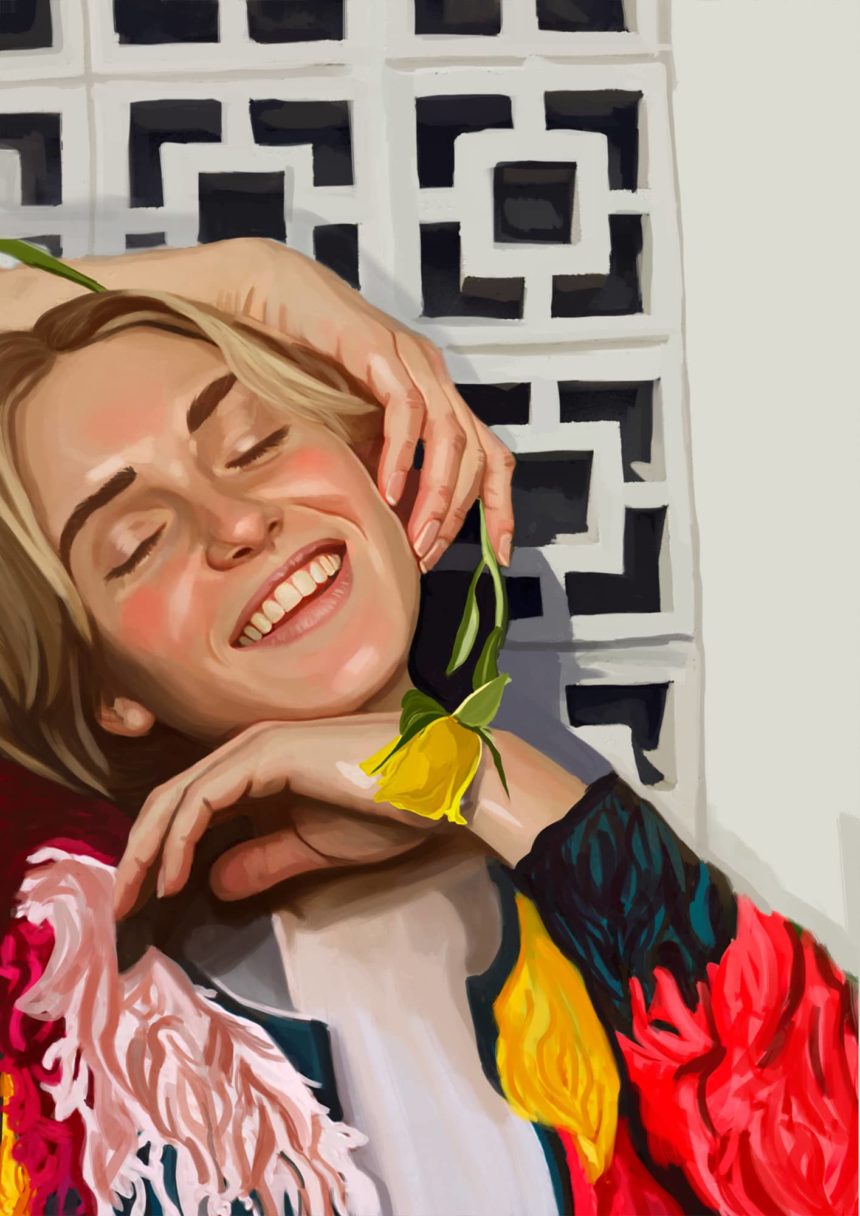 Digital illustration of smiling girl with hands around her face.
