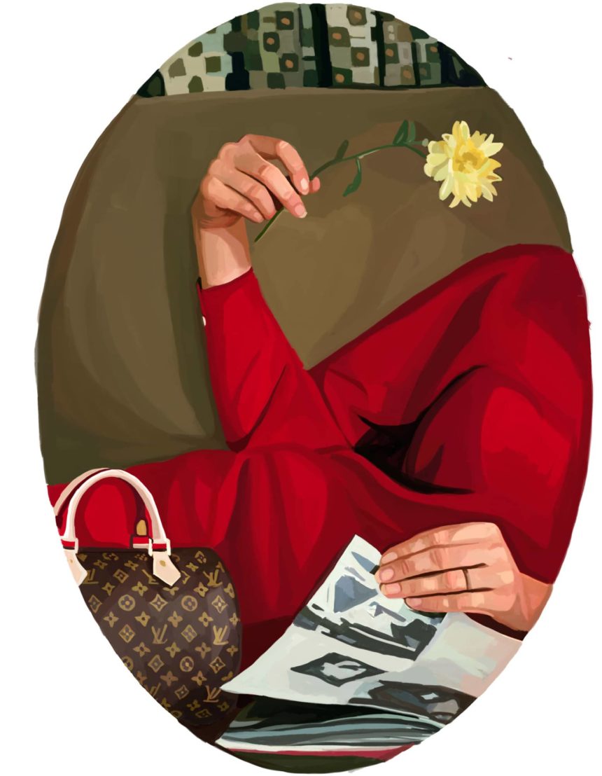 Digital illustration of a lying woman with red dress.