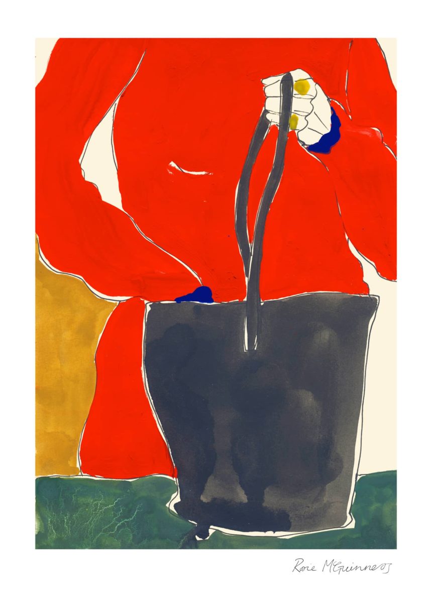Painted illustration of woman in red and a black bag.