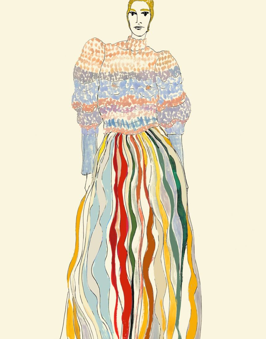 Ink drawing of fashion silhouette.