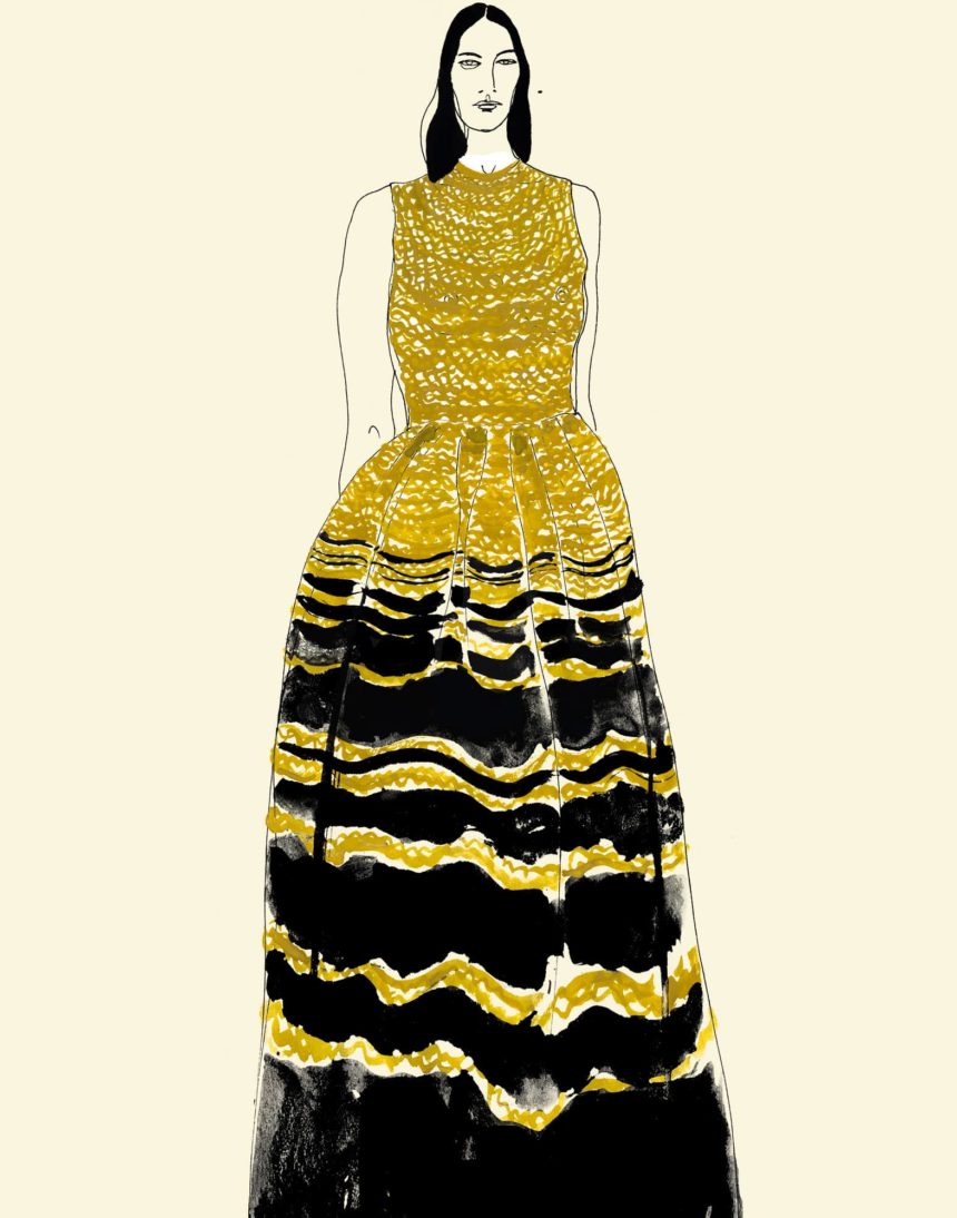 Ink drawing of fashion silhouette.