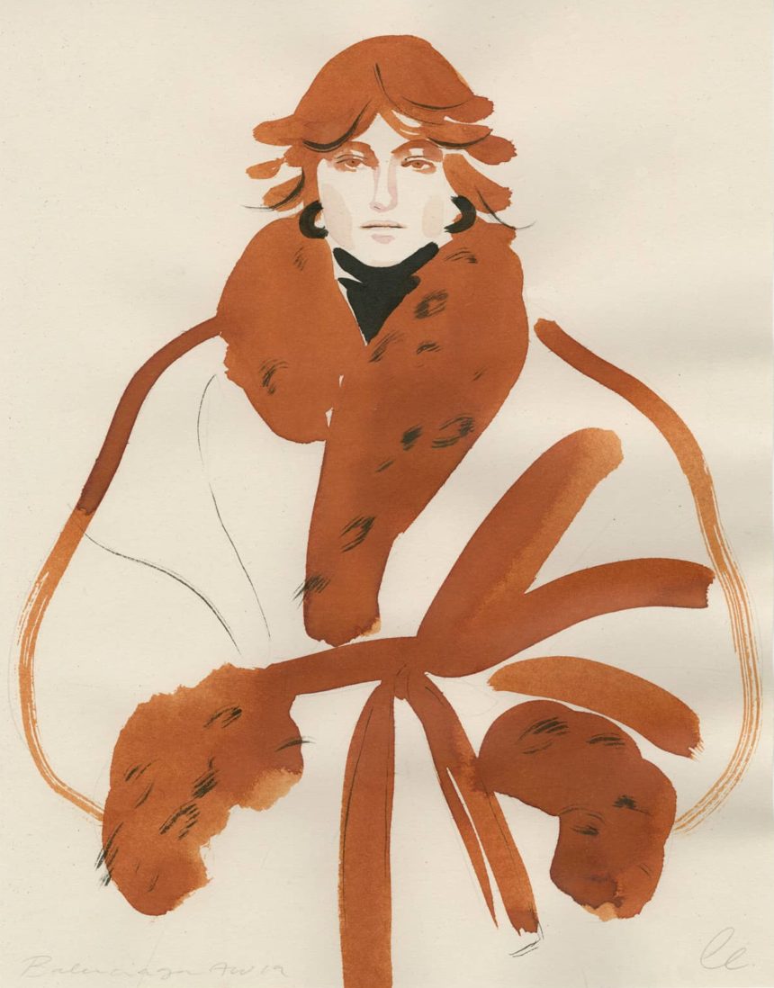 Illustration of woman with brown coat on catwalk.