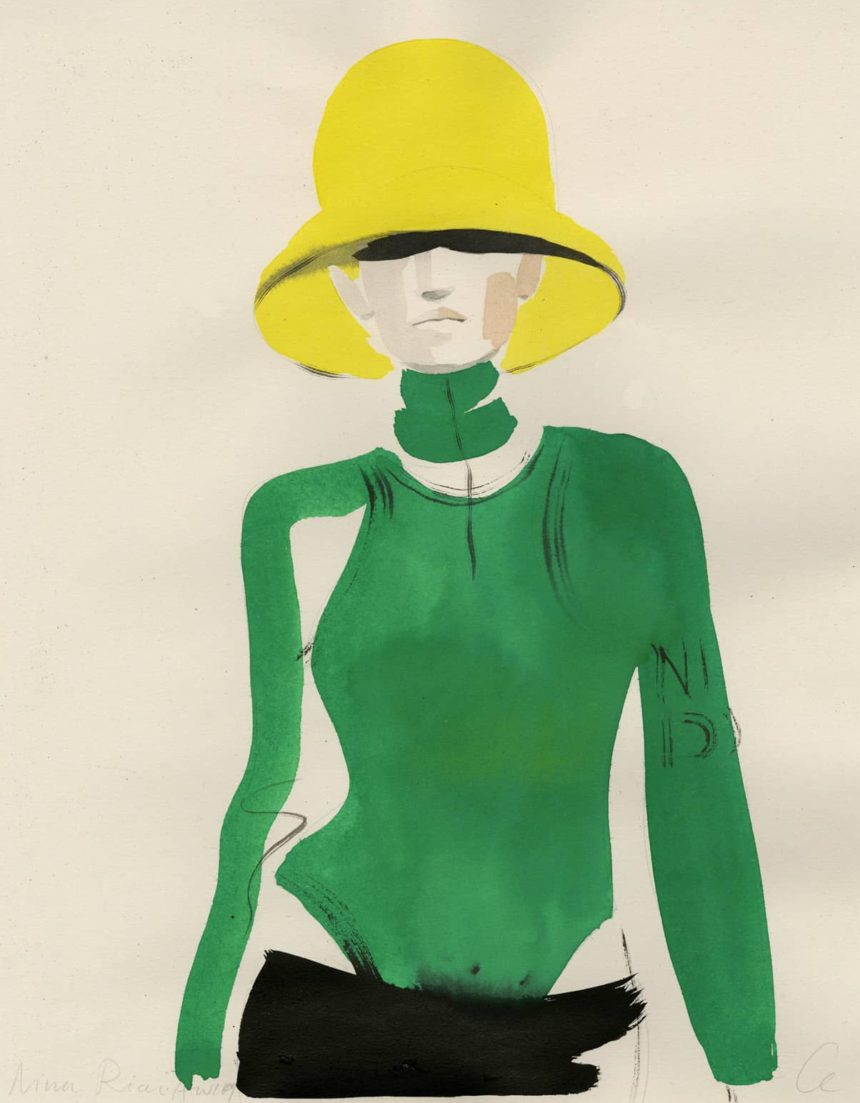 Illustration of woman on catwalk with yellow hat and green top.