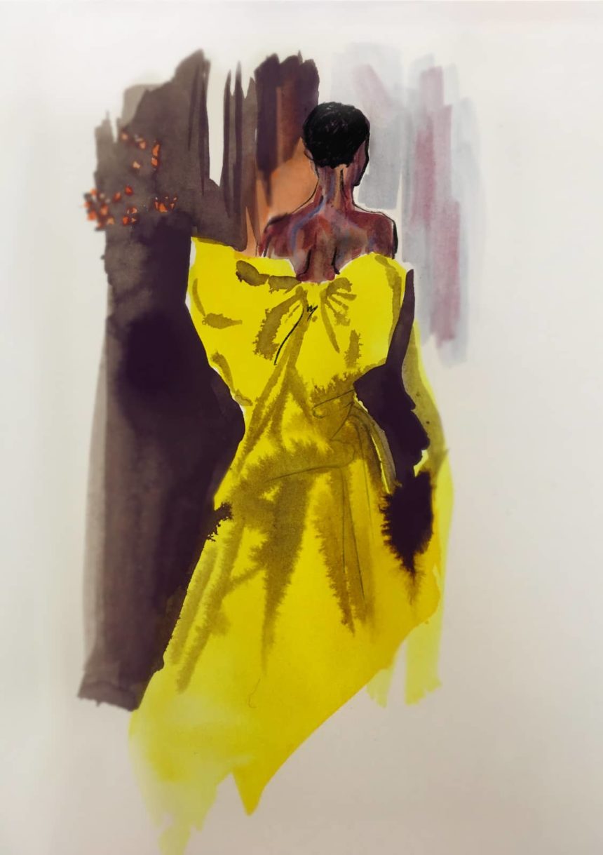 Illustration d'une femme noire de dos en robe jaune.