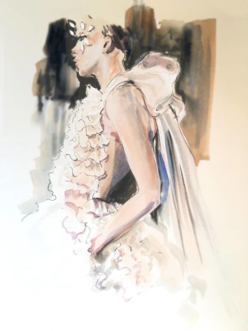 Illustration d'une femme au profile en robe de couture.