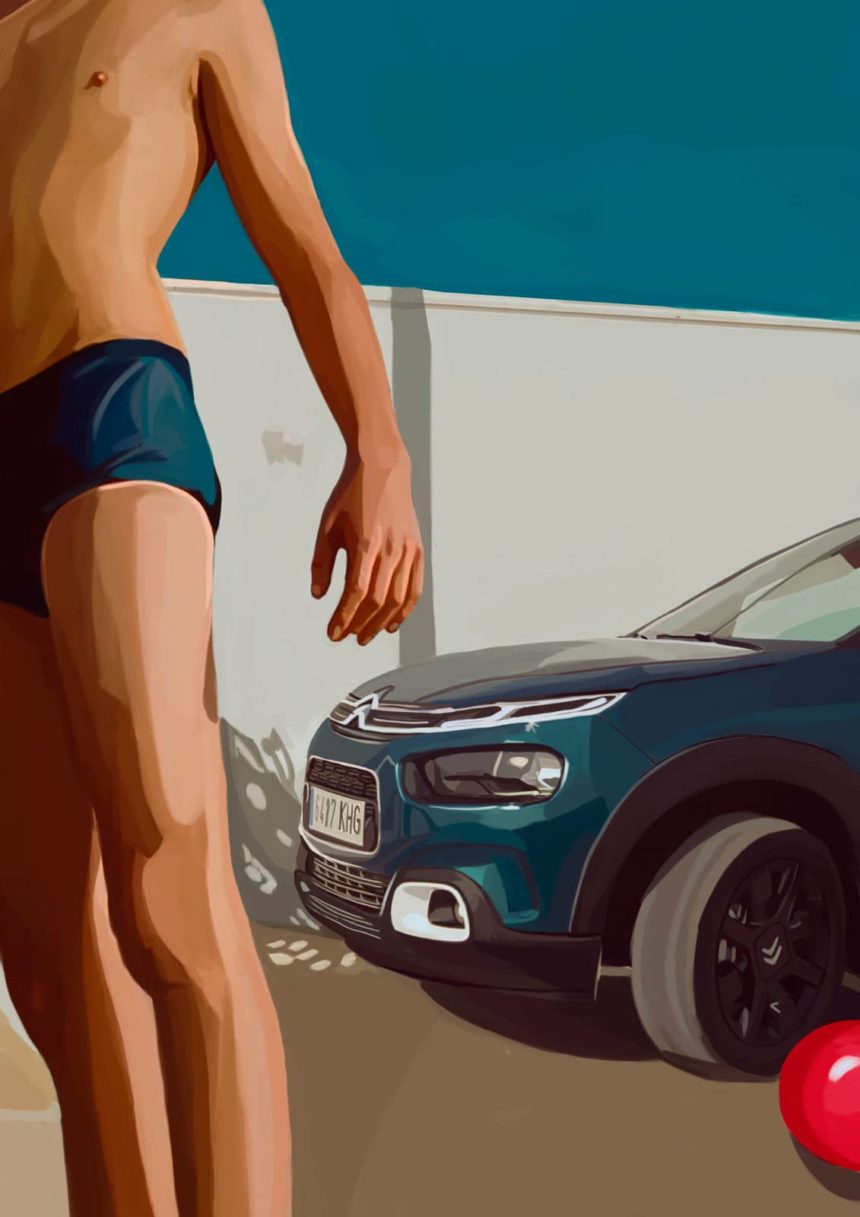 Digital illustration of a man with a blue car in the background.