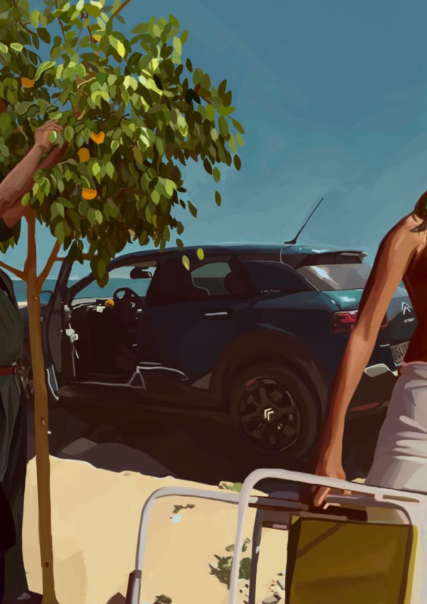 Digital illustration of a car under blue sky.