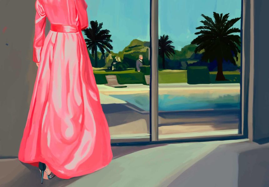 Digital illustration of a silhouette in a pink dress in front of a pool.