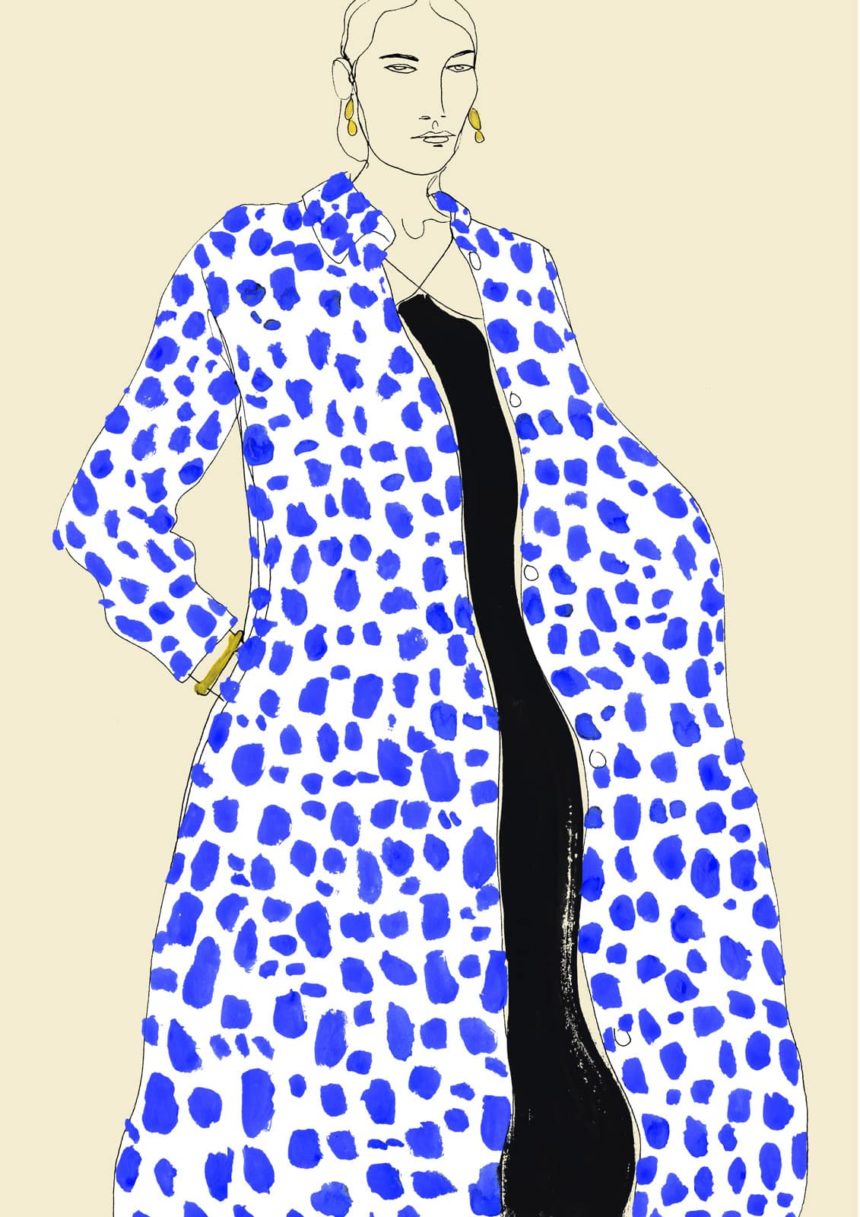 Ink drawing of woman in coat with blue spots.
