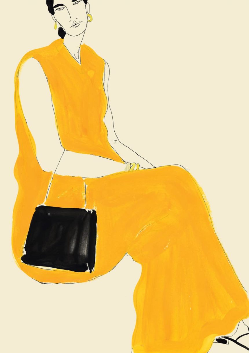 Ink drawing of sitting woman in yellow dress.