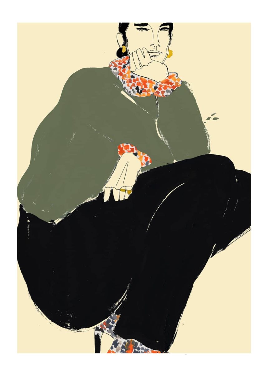 Peinture d'une silhouette de mode assise.