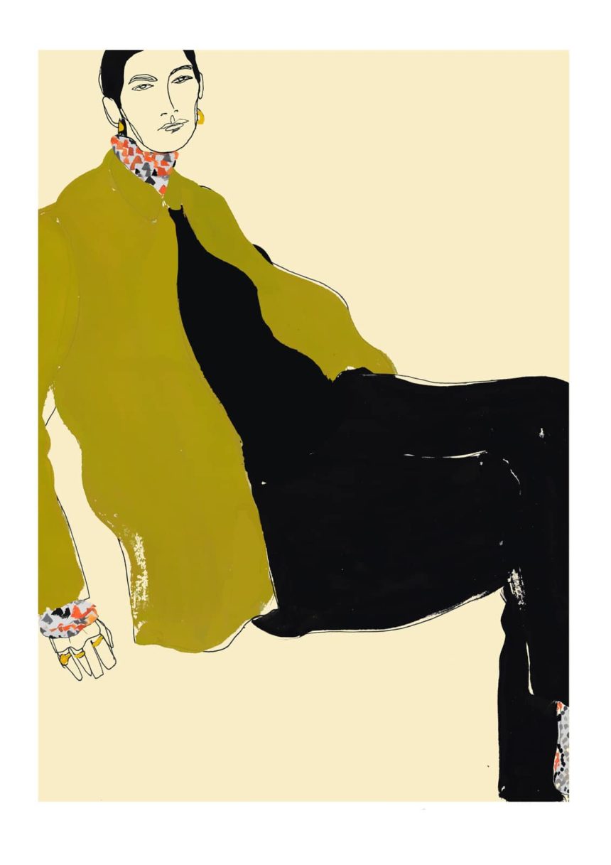 Peinture d'une silhouette de mode avec une veste kaki.