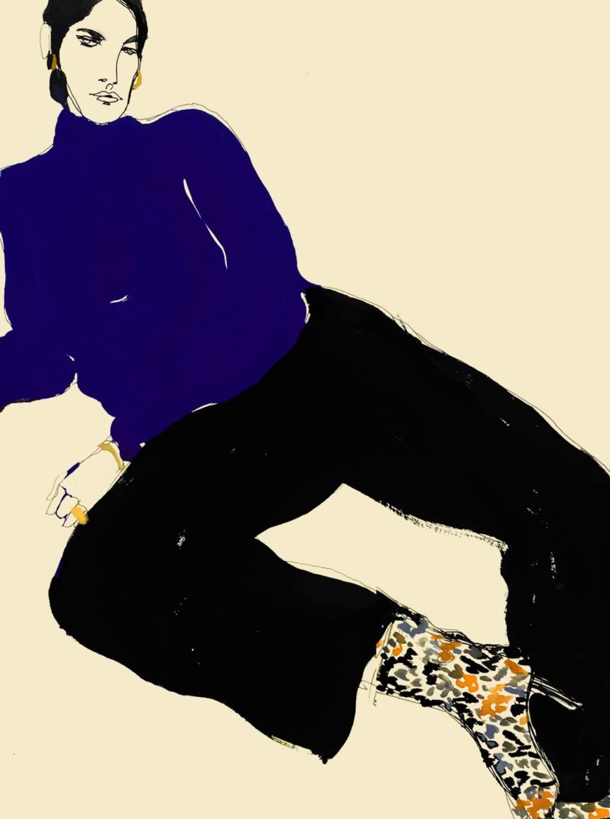 Peinture d'une silhouette de mode avec pull bleu.