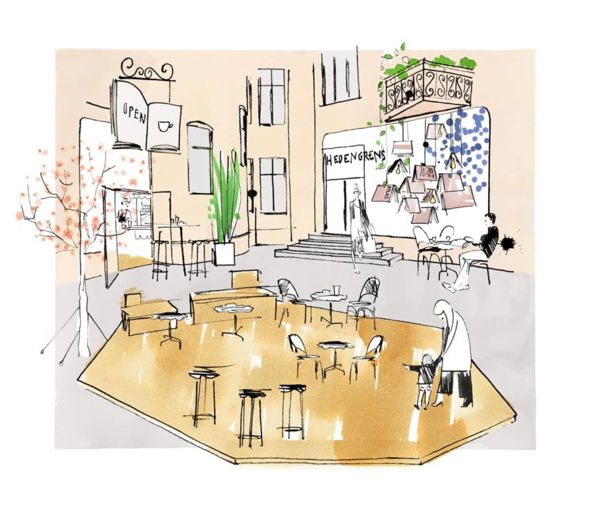 Ink illustration of Hedengrens bookstore.