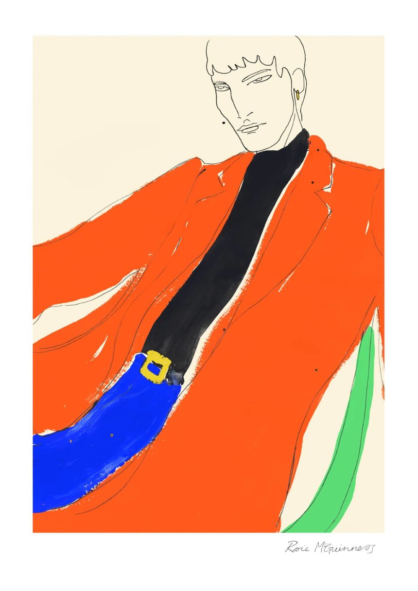 Illustration of man in orange jacket.