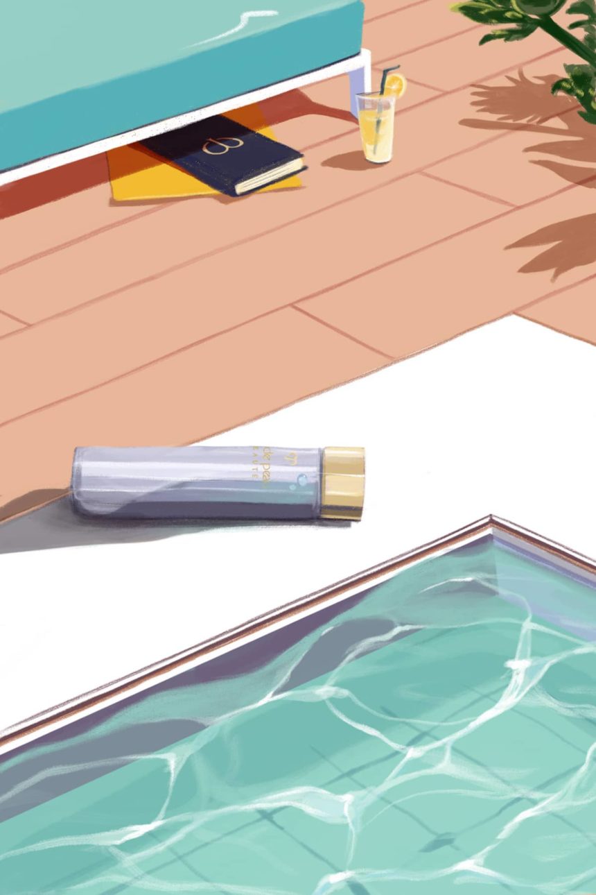 Digital illustration of beauty product beside a pool.