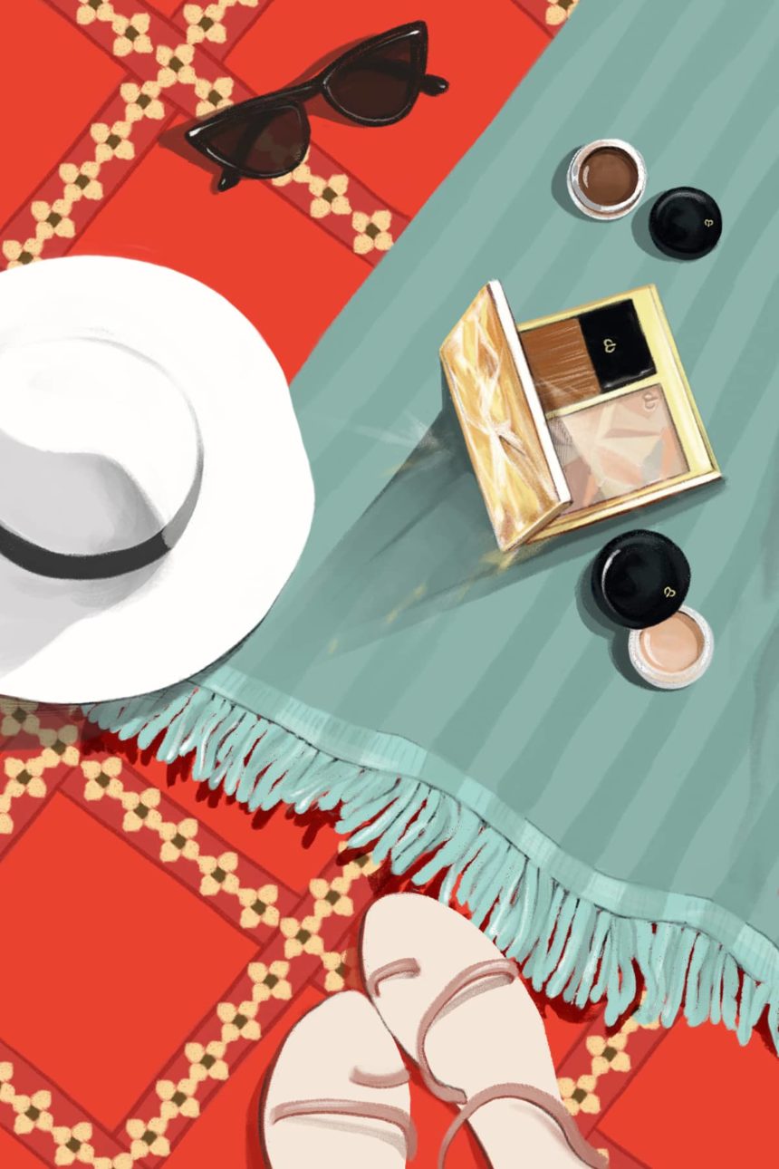 Digital illustration of beauty products and summer details.