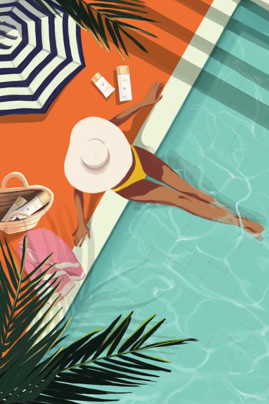Digital illustration of a woman sitting with legs in a swimming pool.