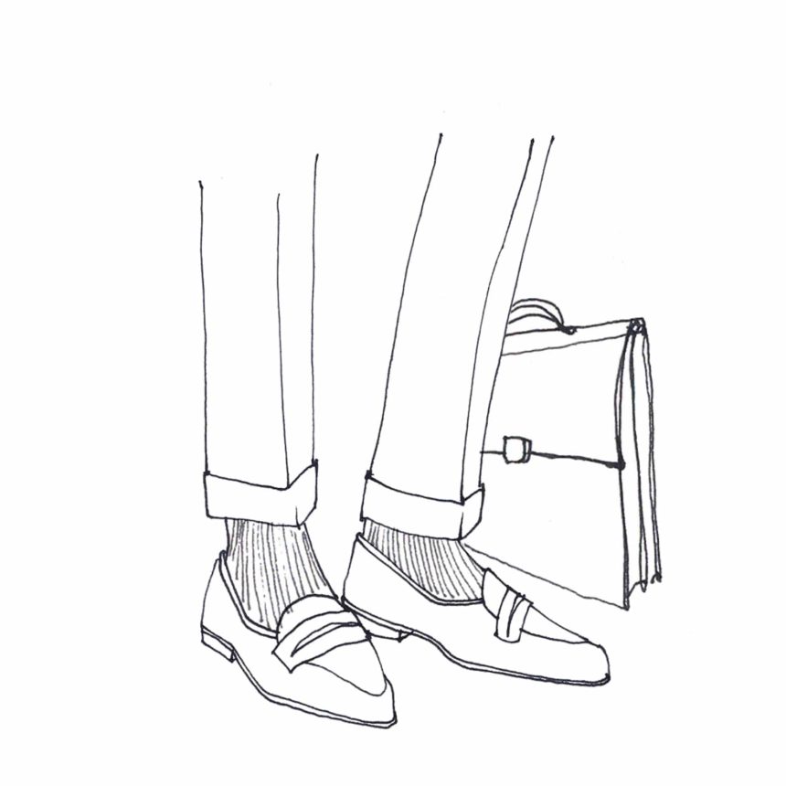 Illustration au trait d'un pair de jambes d'homme avec des chaussures.