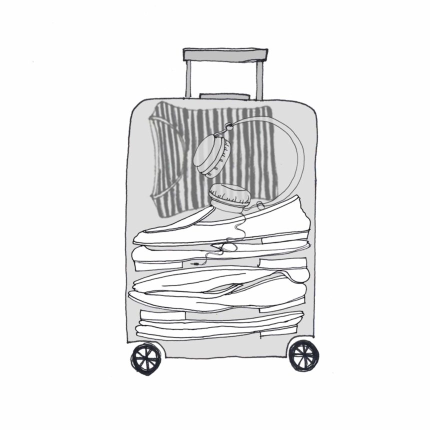 Illustration au trait d'une valise avec des affaires en transparence.