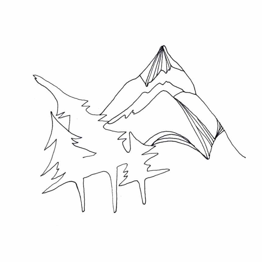 Illustration au trait d'une montagne et une forêt.