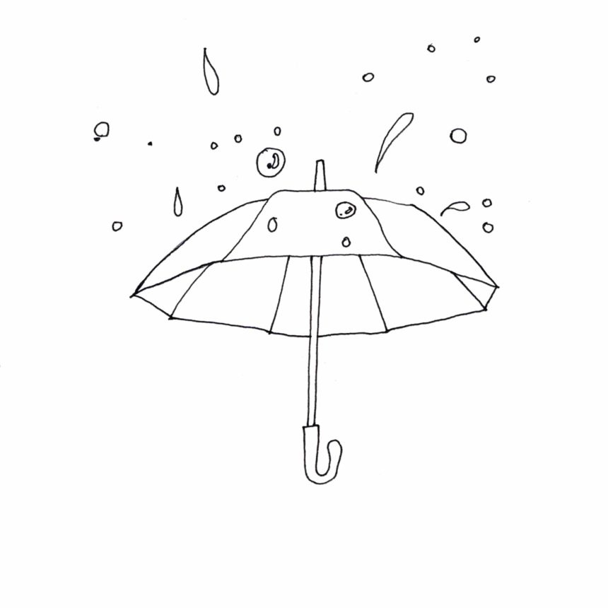 Illustration au trait d'un parapluie et des gouttes.