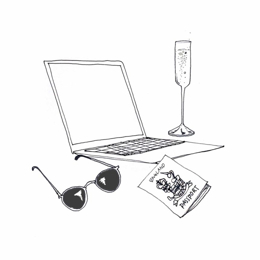 Illustration au trait d'un ordinateur, des lunettes et un passeport.