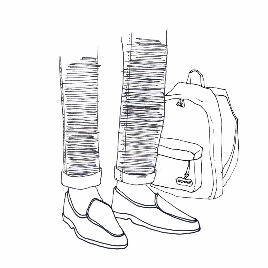 Illustration au trait d'un pair de jambes d'homme avec des chaussures.