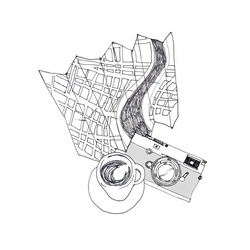 Illustration au trait d'une carte, un café et un appareil photo.