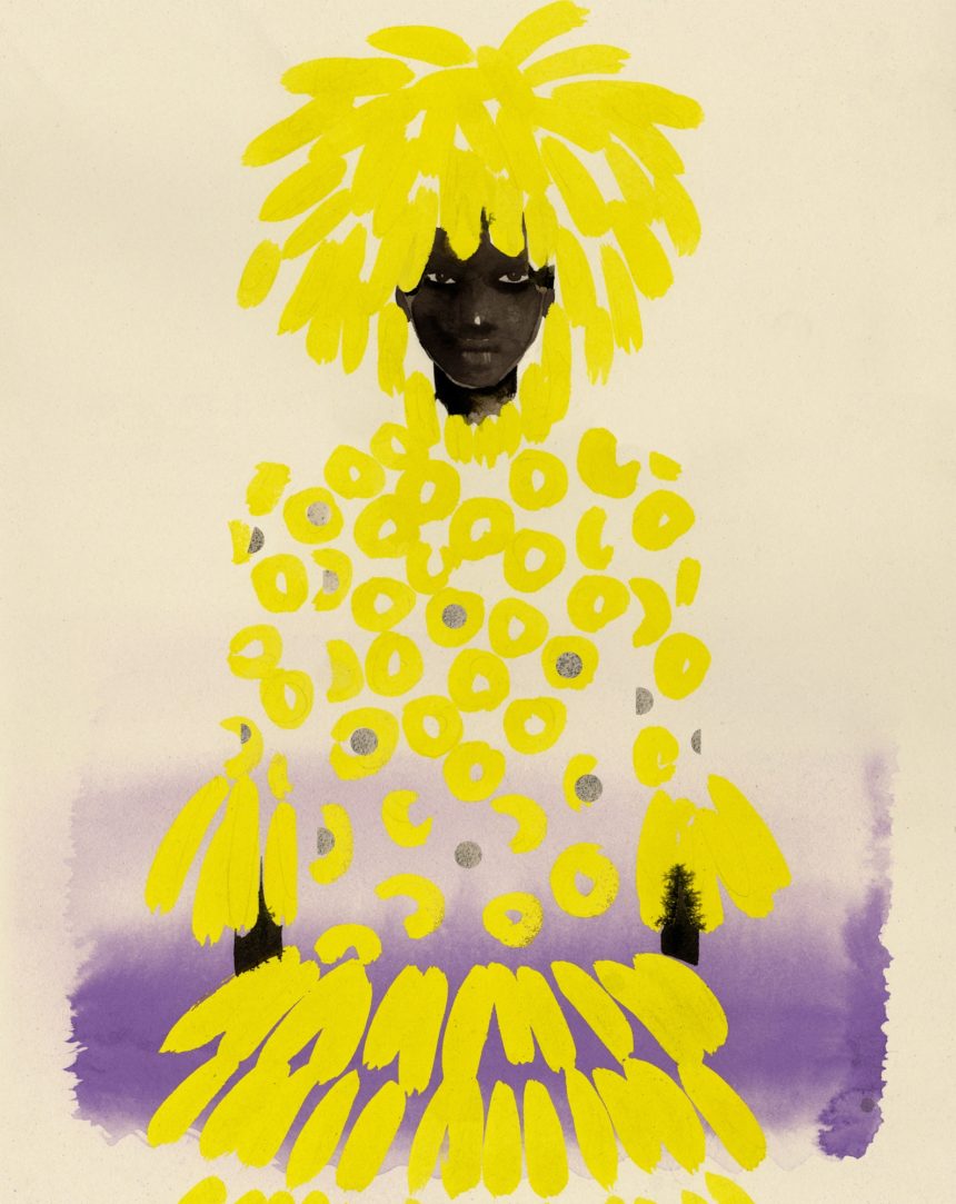Illustration of black woman wearing a yellow hat and outfit.