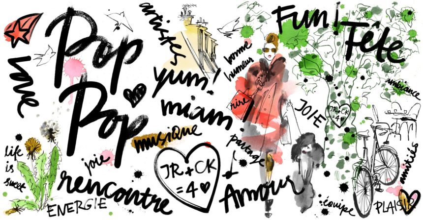 Illustrated pattern with scribbles and fashion items.