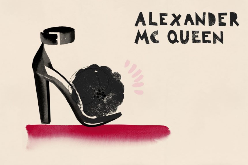 Illustration of black high-heel shoe with black flower.