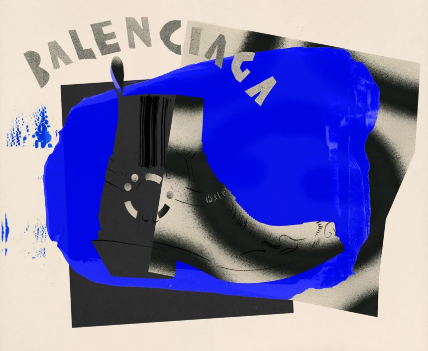 Illustration of black boot on blue background.