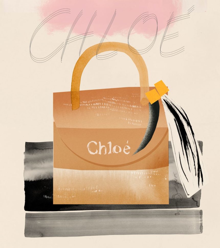 Illustration of beige handbag.