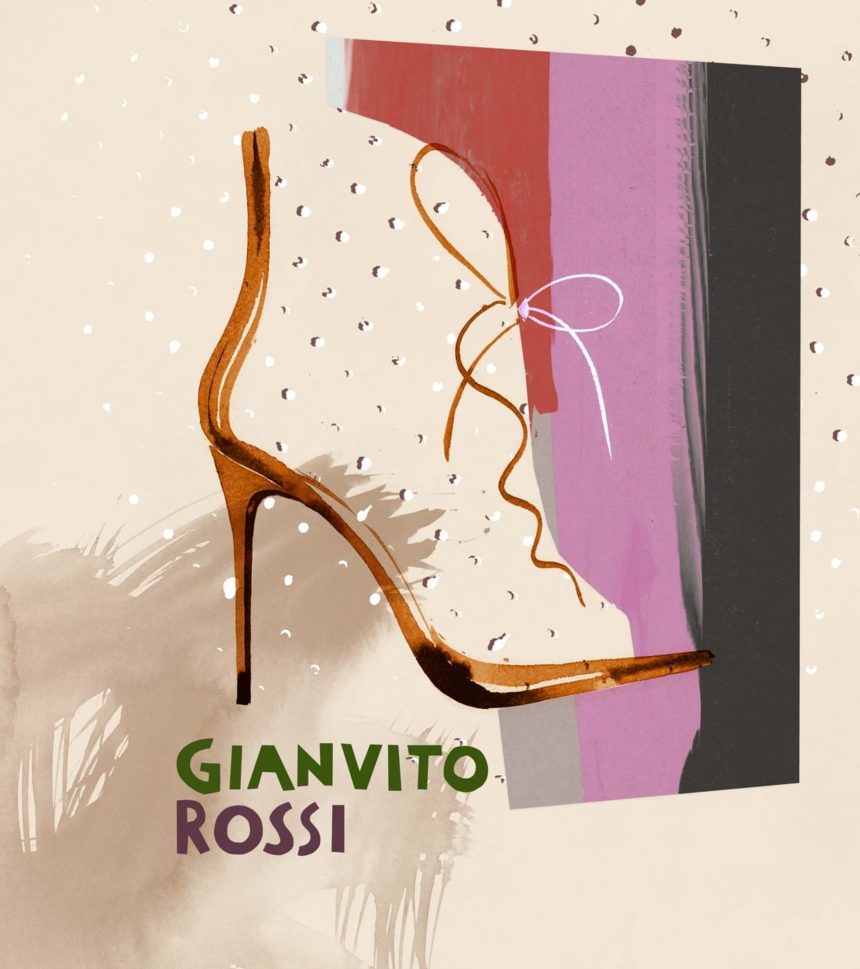 Illustration of white boot on striped background.