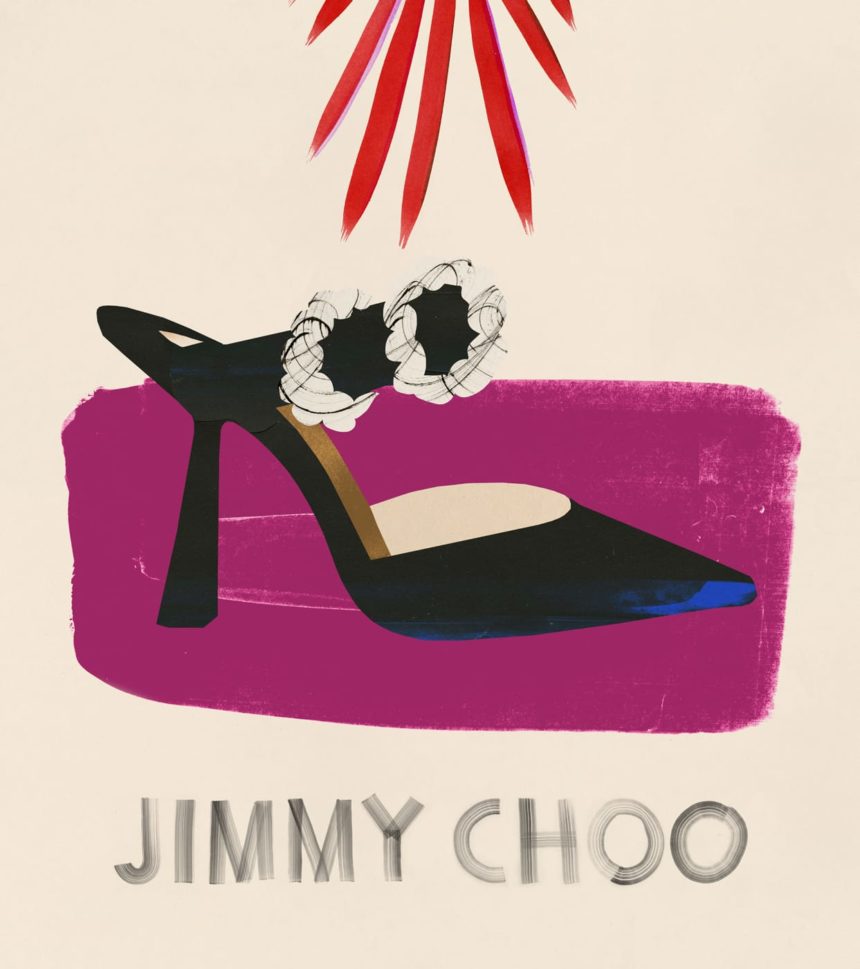 Illustration of a black high-heel shoe on pink background.