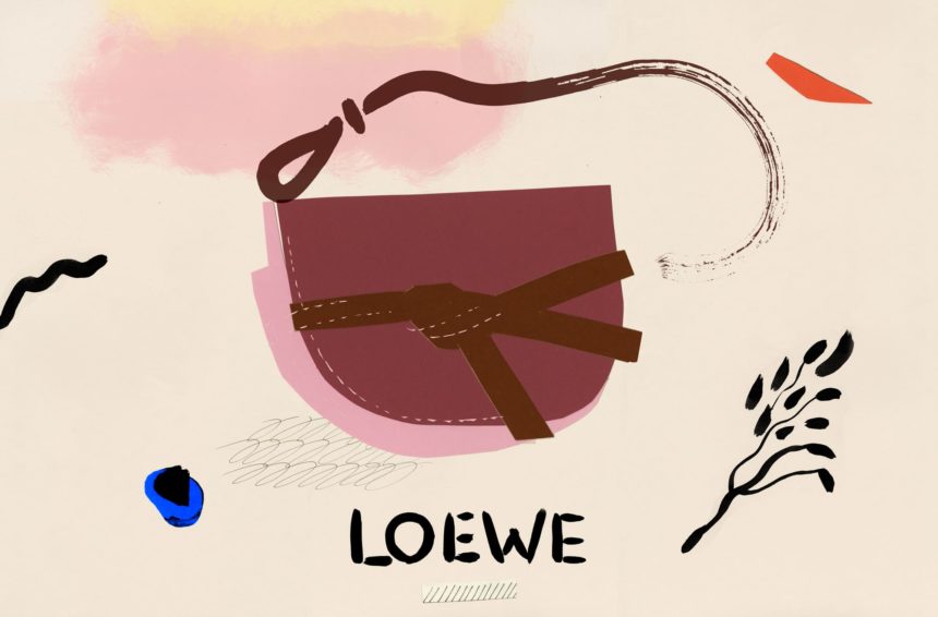 Illustration of brown and pink handbag.
