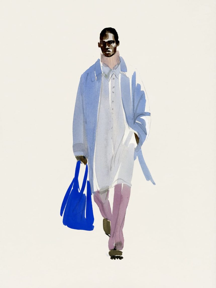 Illustration of walking black man in blue coat.