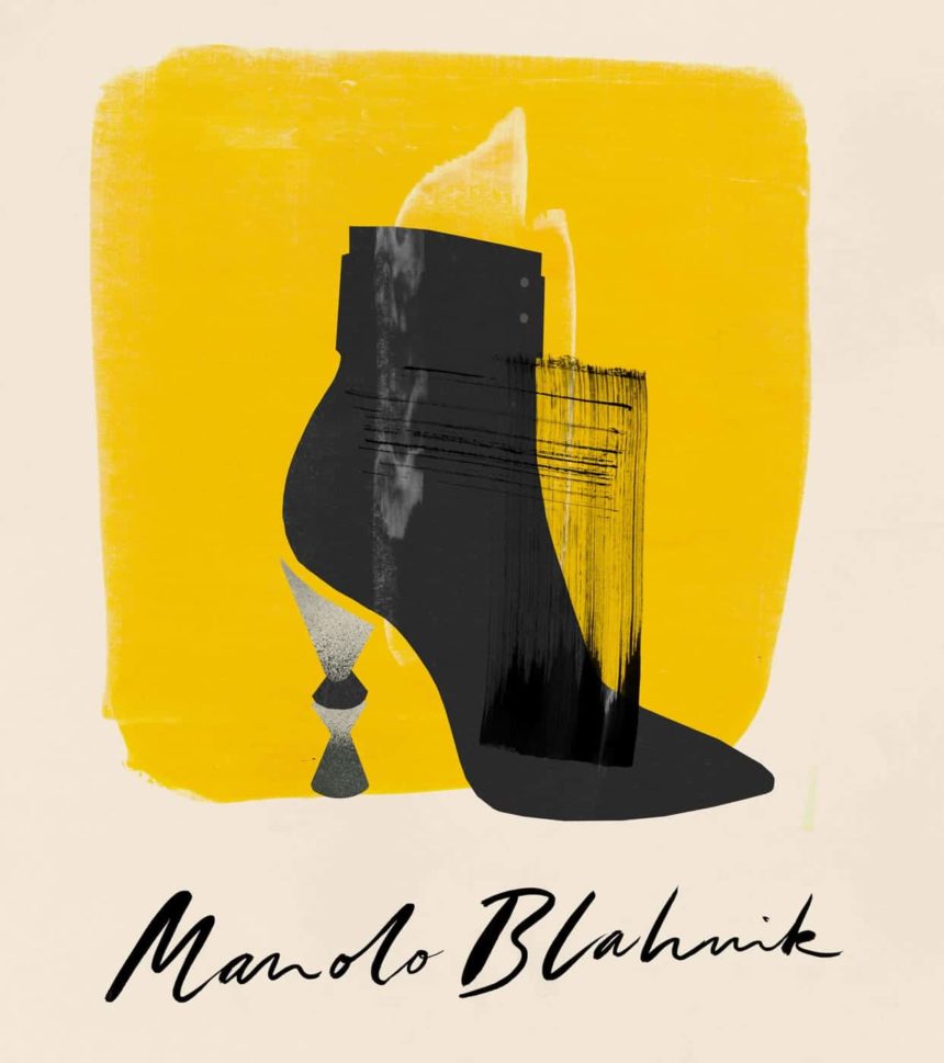 Illustration of black high-heel boot on yellow background.