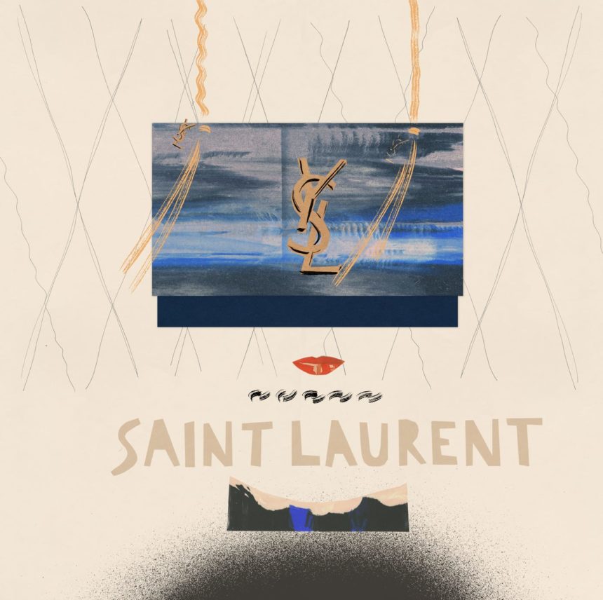 Illustration of black handbag with gold chain.