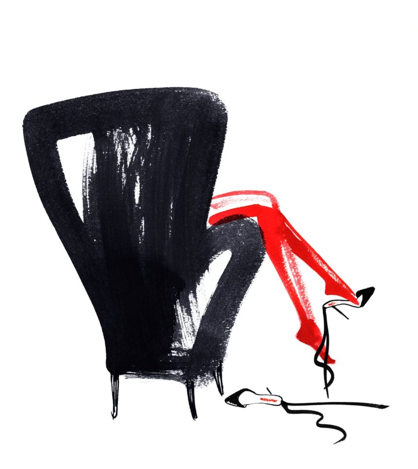 Illustration of black armchair and red women legs.