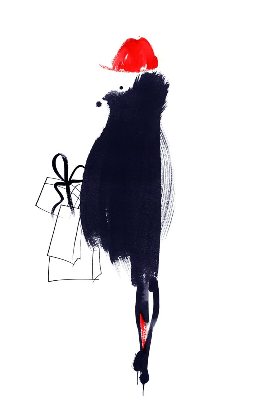 Ink illustration of black fashion silhouette and red hair.