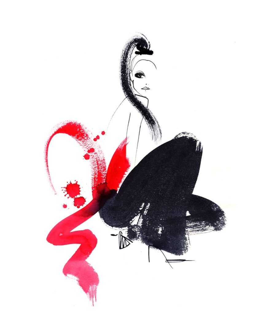 Ink illustration of sitting woman.