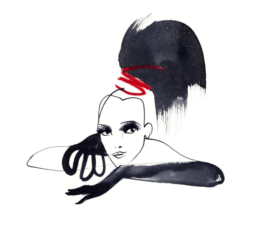 Ink illustration of woman with black gloves.