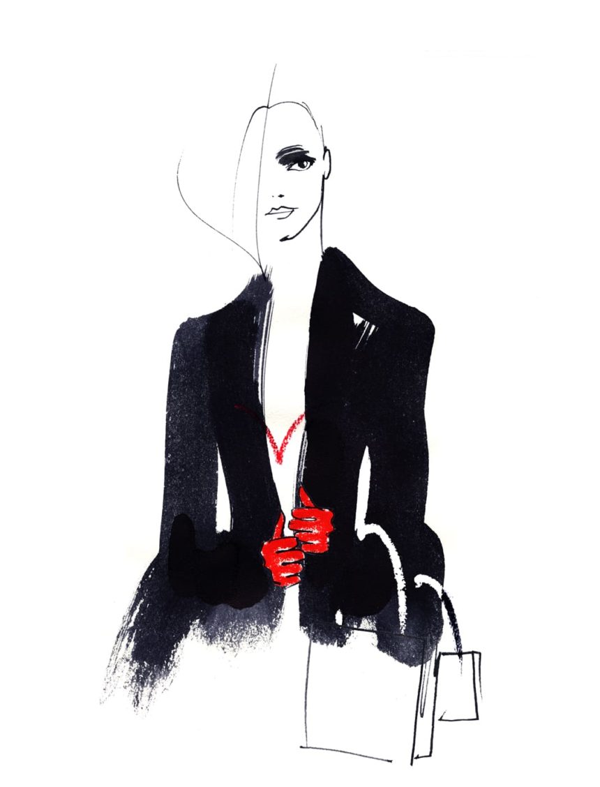 Ink illustration of woman with black jacket and red top.